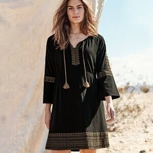 J. Jill Boho Dress Womens XL Petite Black Tan Embroidered Tassel Tie Peasant